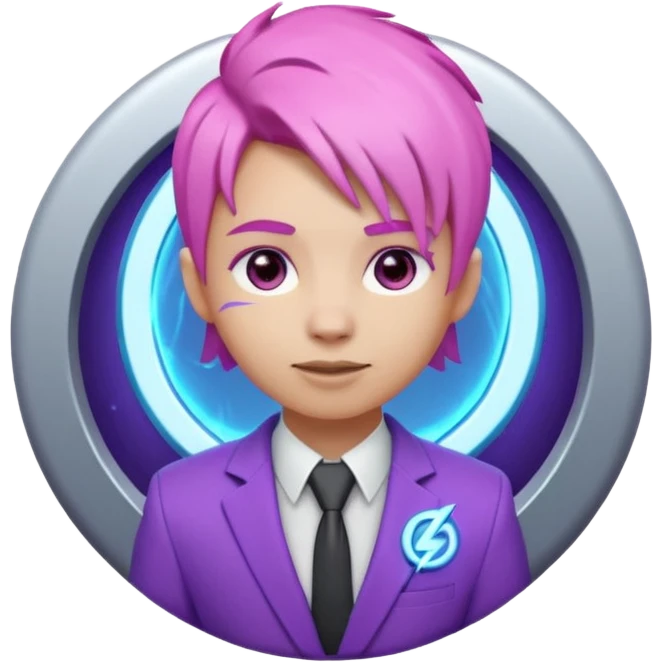 Cute 3D emoji-style character with pink hair and purple eyes, inside a circular badge. No hands, no pose. Clean purple suit with a glowing neon-blue ‘C’ logo on the chest, small lightning accent. Smooth Apple-style lighting, friendly expression emoji