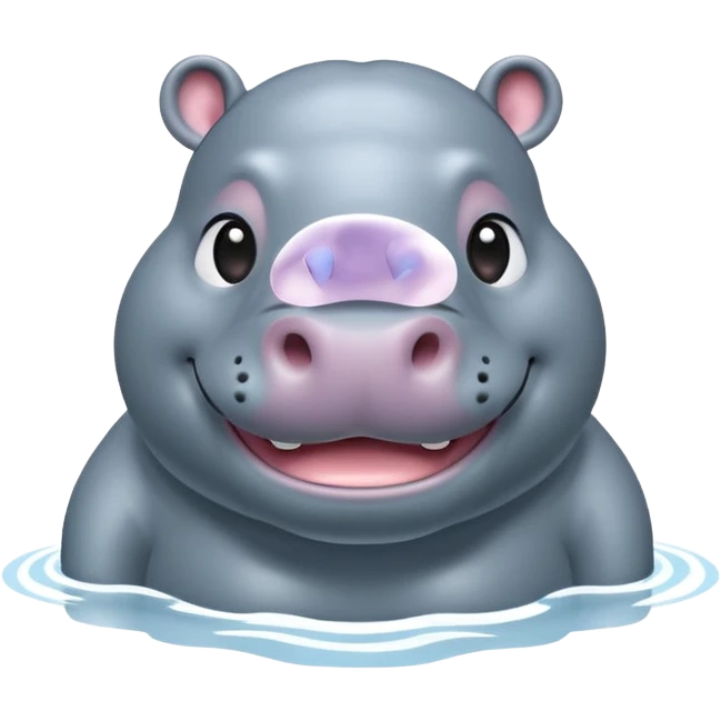 A 3D cartoon hippopotamus half-submerged in water, smiling gently, soft lighting, rounded body and glossy texture, cute Memoji-style look.Full body. emoji