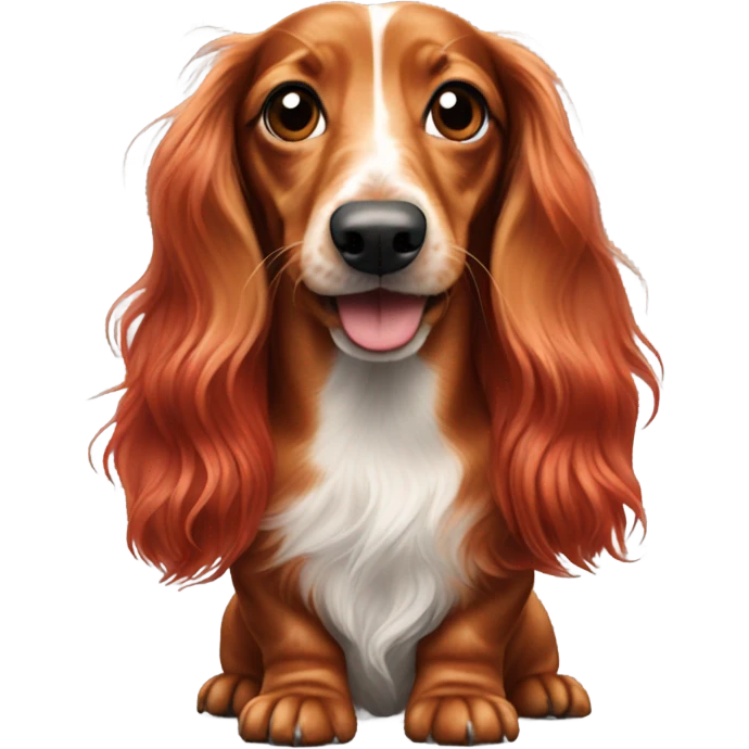 A long-haired marble dachshund stands red-haired emoji