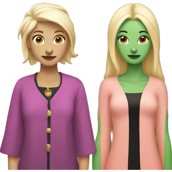 Two witches. One with green skin and black hair and one with pink clothes and blonde hair and peach skin. emoji