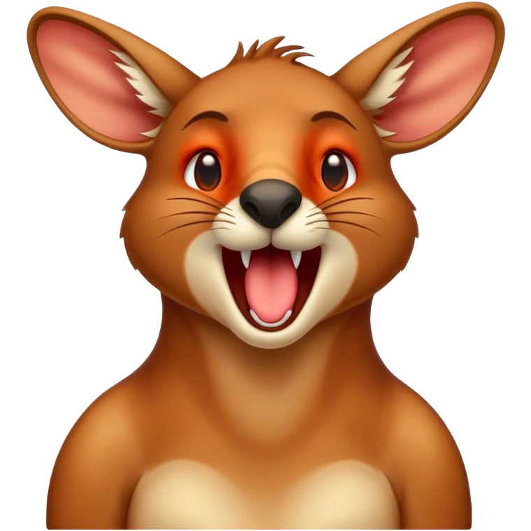Cinematic Cute Yawning Kangaroo Portrait Emoji, Head tilted slightly with a dramatic, wide-open yawn, showcasing a soft, downy red-orange fur with gently drooping ears and round amber eyes barely open in drowsy contentment, Simplified yet irresistibly adorable features, highly detailed, glowing with a soft, cozy glow, high shine, relaxed yet expressive, stylized with a touch of outback charm, bright and endearing, soft glowing outline, capturing the essence of a sleepy yet affectionate kangaroo, so drowsy it feels like it could stretch out of the screen and curl up for a nap! emoji