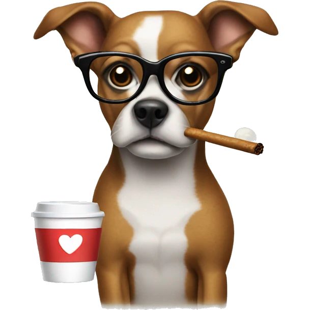 Dog with glasses and a coffe smoking a j emoji