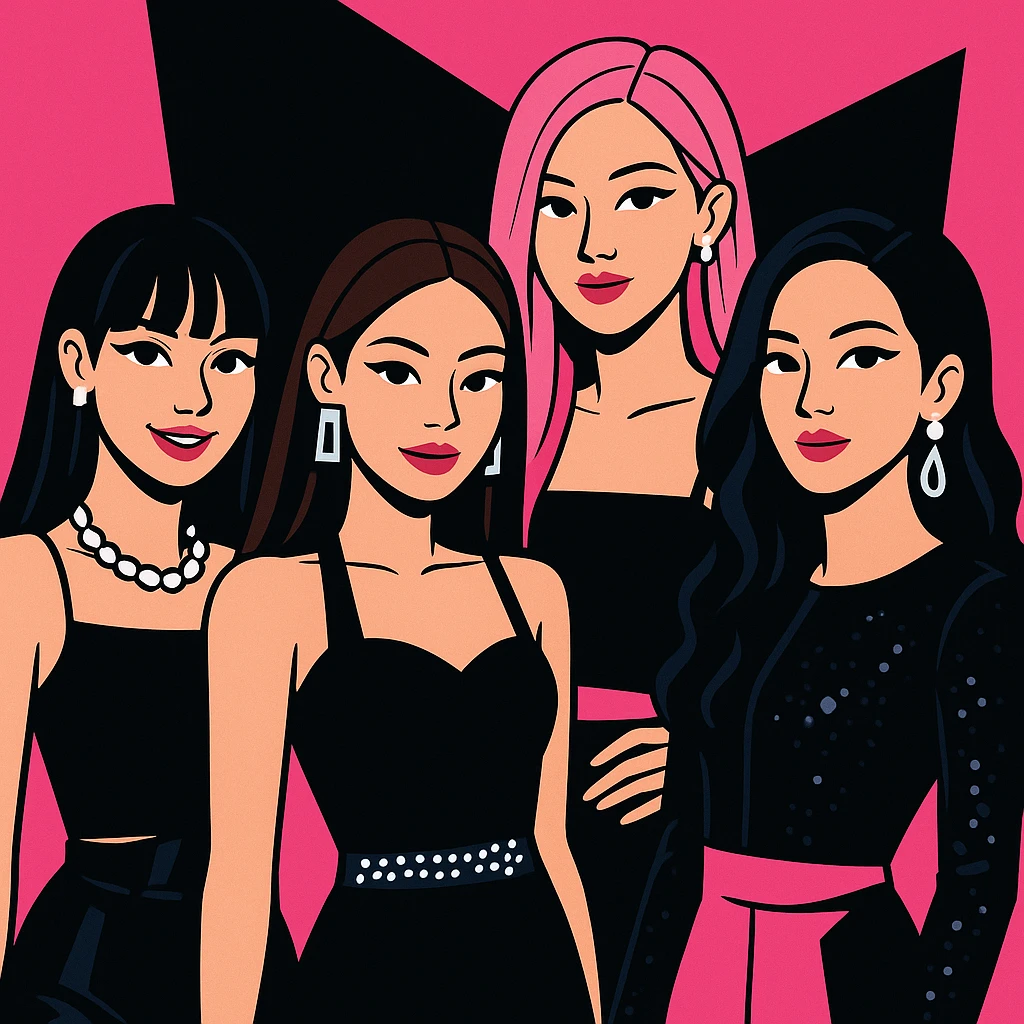 Blackpink K-pop group, pink and black color scheme, glamorous, confident expressions, stylish modern fashion emoji