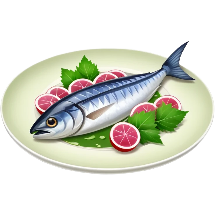 mackerel sashimi on a plate with shiso leaf and wasabi emoji