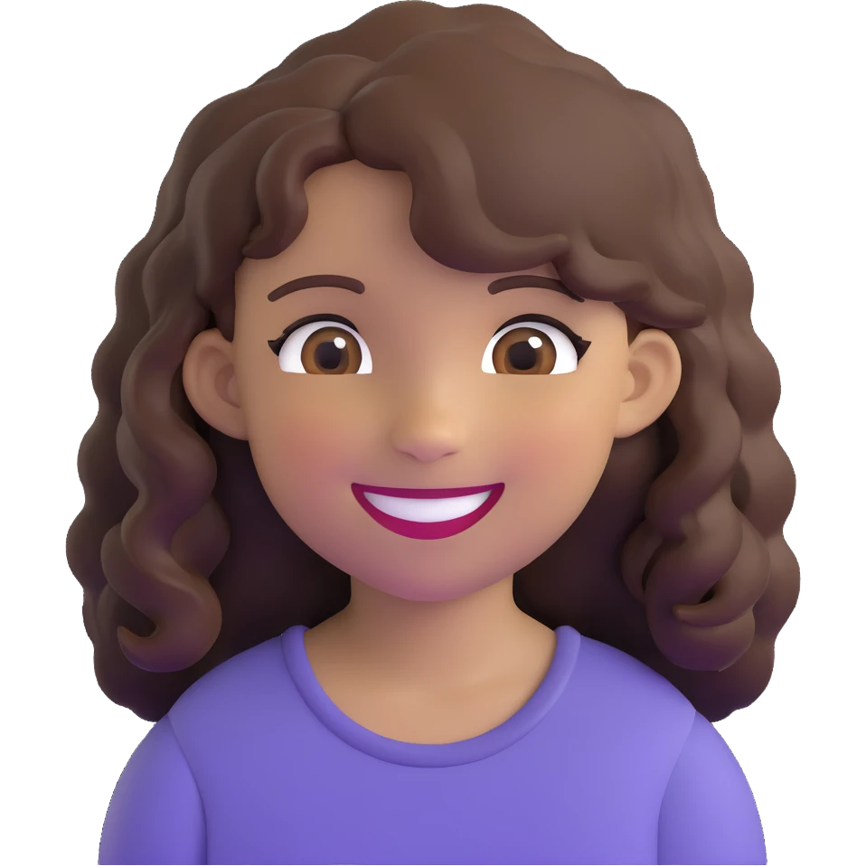 brown girl with wavy hair and brown eyes, smiling emoji