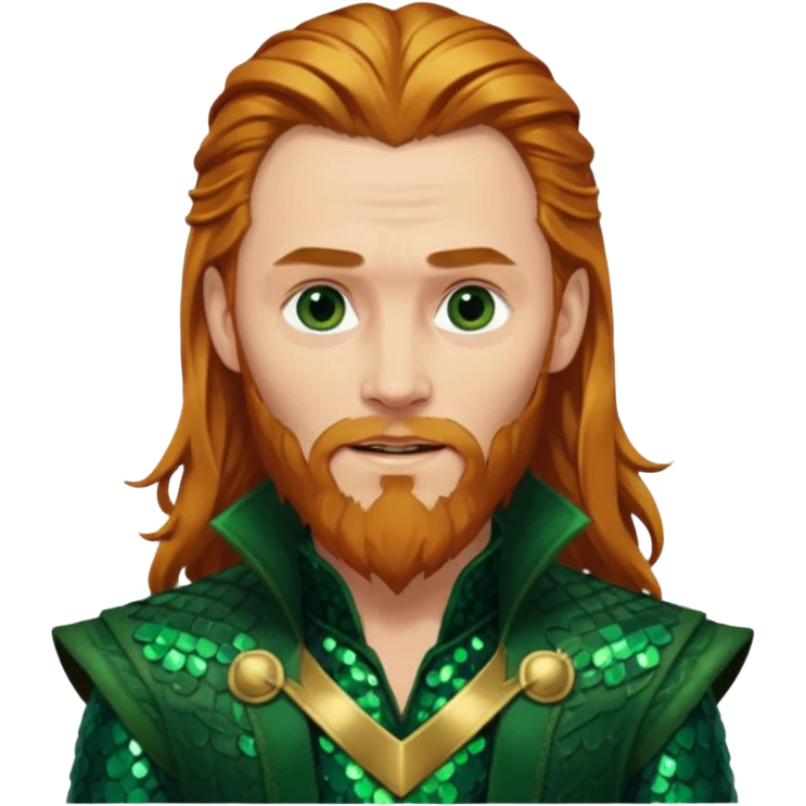 Loki, God of Mischief with long reddish blonde hair and beard, dark green sequin outfit emoji