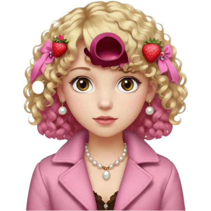 pale girl , who has curly medium length blonde and curly bangs, narrowed hazel eyes , slightly dark but shiny brown shadow, in a dark brown jacket with fur on the shoulders , wearing a pink laced camisole, wearing pearl earrings, wearing a strawberry hairclip emoji