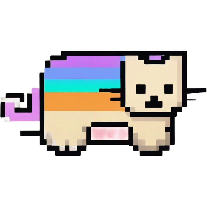 Nyan Cat es un gato de aspecto pixelado con cuerpo de tostada, que vuela por el espacio. Deja un rastro de arcoíris brillante mientras mueve su cola. Tiene una expresión neutral en su rostro y está representado en un estilo retro de 8 bits. emoji