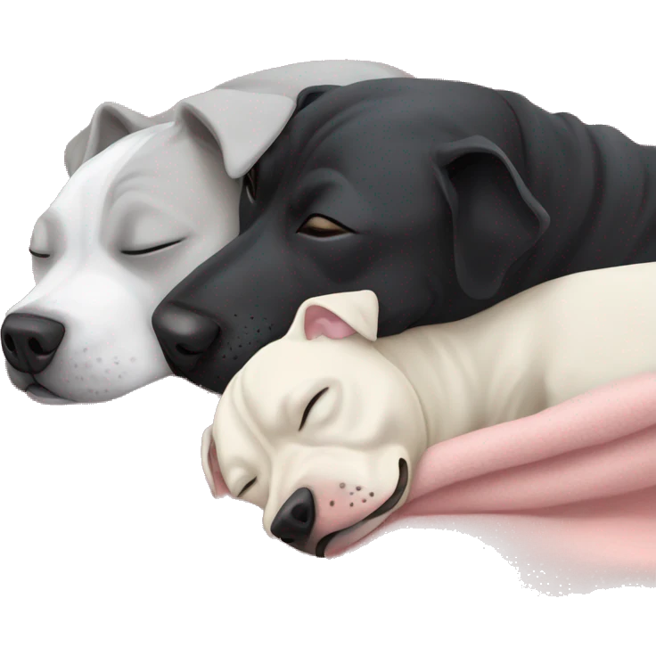 grey staffy and white bull terrier and black lab sleeping together cozy in blanket  emoji