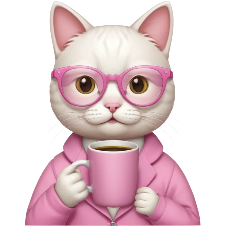 White cat, pink clothes and pink glasses, holding coffee mug emoji