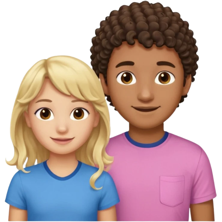 Menino de pele morena de olho castanho meio preto e cabelo cacheados ralo e blusa azul e menina loira de cabelos longos e franja na testa sorrindo com blusa rosa emoji