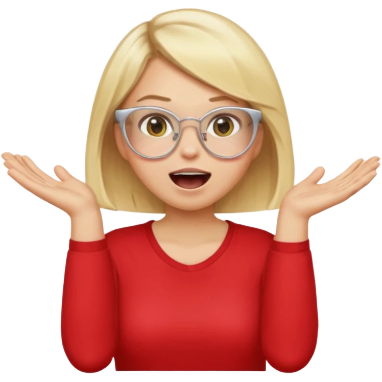 emoji style, waist-up woman with light skin, blonde bob hair, white cat-eye glasses, red shirt, both hands cupped around her mouth, shouting with joy on simple light background emoji