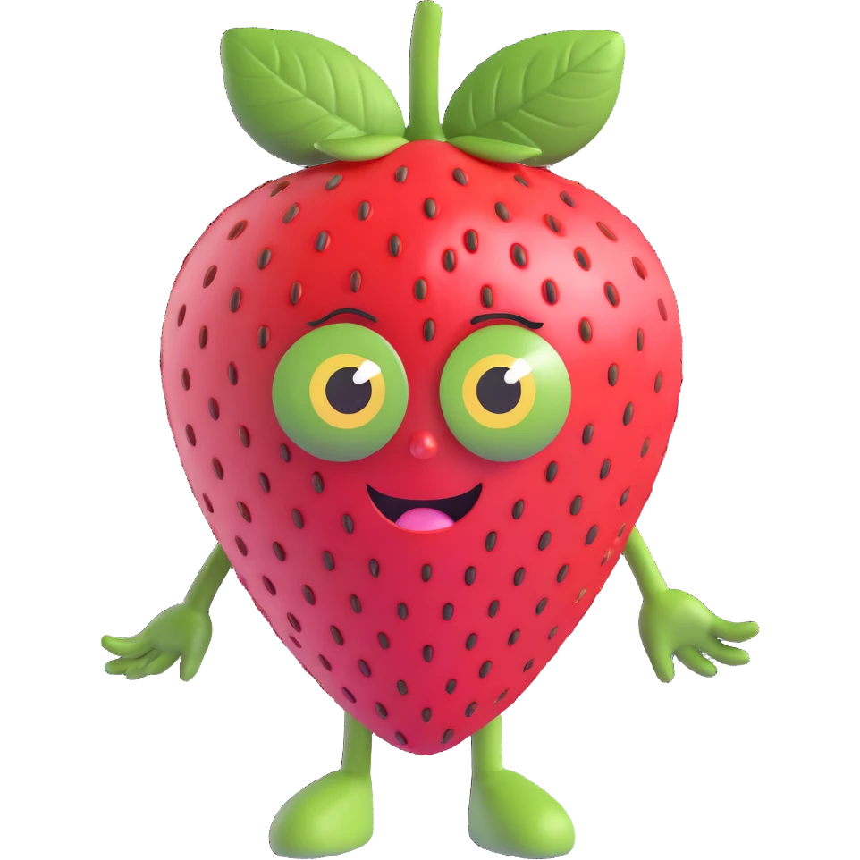3D adorable anthropomorphic strawberry, round face, green leaf hair, pink-red skin with seeds, big expressive eyes, no limbs, kawaii Japanese vibe emoji