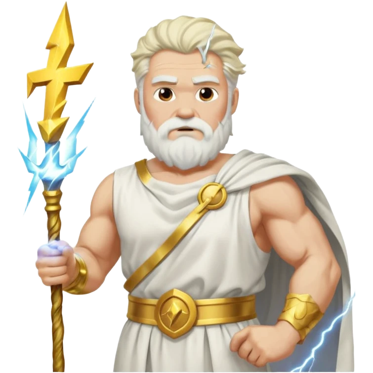 portrait of Zeus, muscular old man with white beard and hair, wearing white toga with gold trim, holding lightning bolt, standing on storm clouds emoji