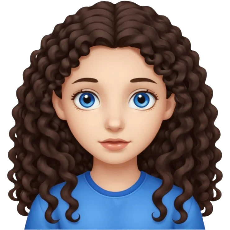 a girl with long dark brown curly hair that starts at the level of her ears, and blue eyes emoji