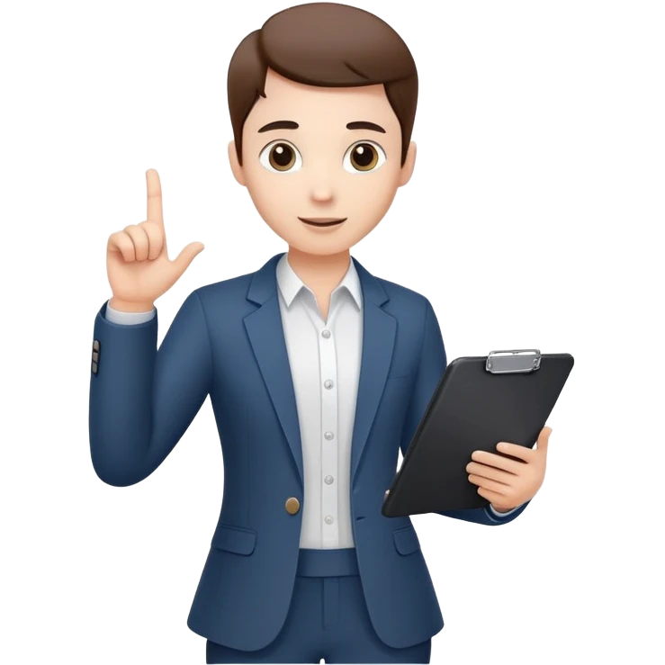professional character standing and gesturing with one hand, while holding a clipboard or tablet in the other. The character wears smart casual business attire. Clean cartoon style, white background, iOS emoji aesthetic. emoji