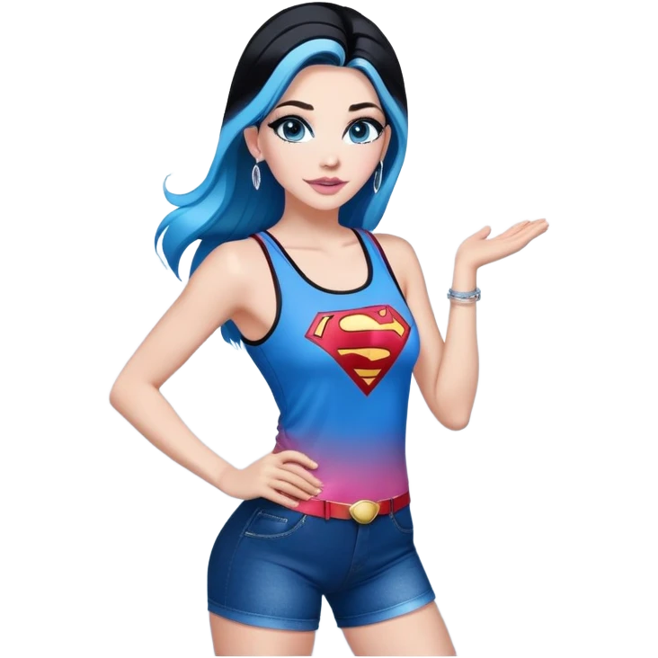 Full body-excited expression-very-beautiful-face-light-pink-lips-very long-very-straight-dark-blue-ombre-hair-and-blue-eyes-thick-black-eyeliner-thick-long-eyelashes-sky-blue-superman-tank-top-with-glitter-and-silver-hoop-earrings emoji