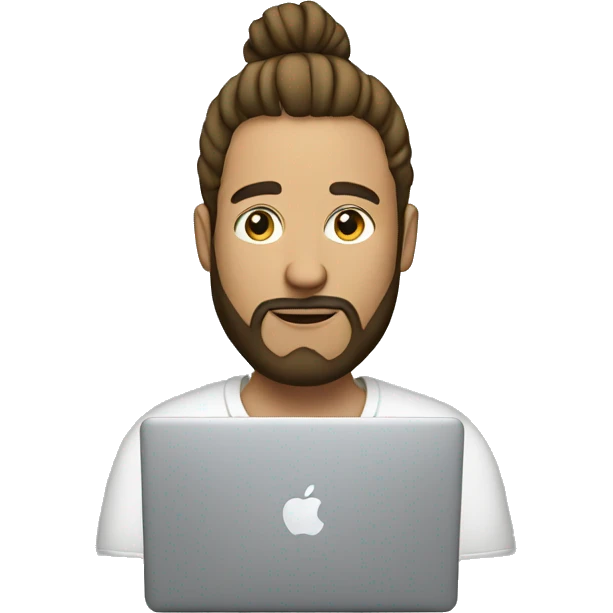 man with bun and beard at a macbook emoji