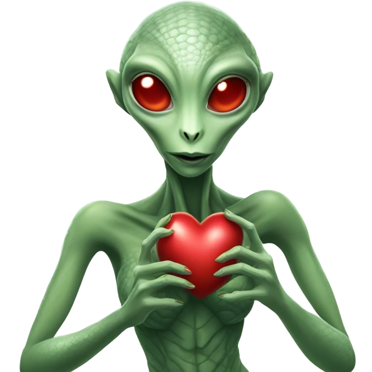 a Reptilian alien woman full body, holding big red heart emoji