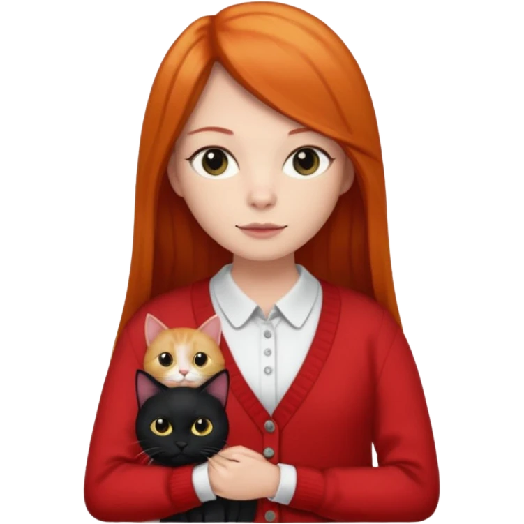 Ginger long straight hair with a red cardigan holding a  fully black cat with a white shirt under the red cardigan emoji