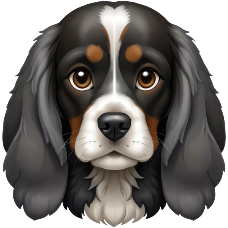 english cocker spaniel black and dark silver with long ears and sitting  emoji