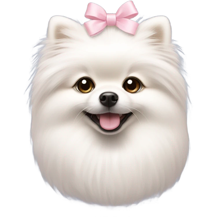 A white small Pomeranian with a cute little light pink bow on her hair emoji