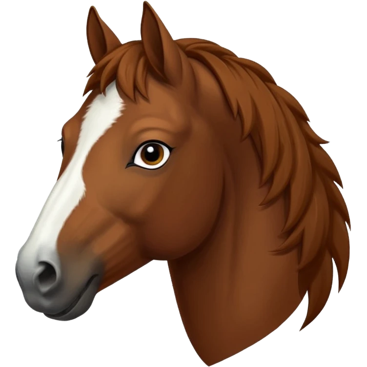 Head of a sorrel horse with a wide white blaze from his forehead, under his forelock, running down his face and under his muzzle, facing forward. emoji