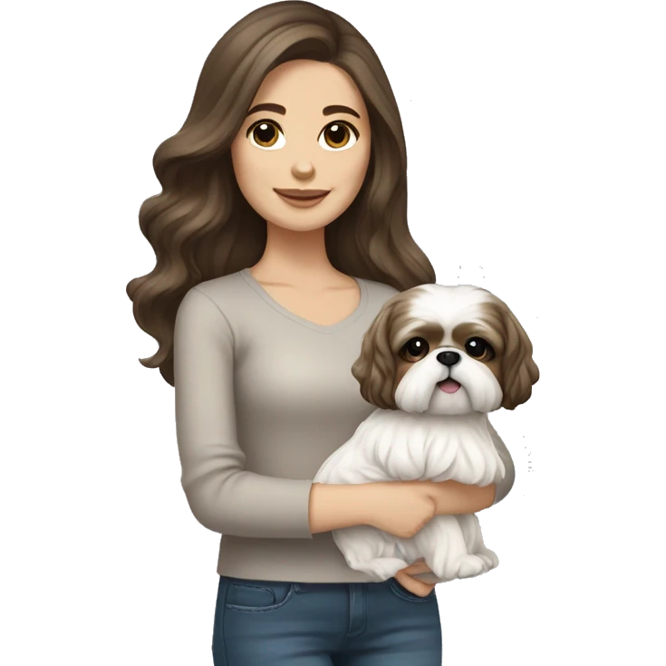 Young brunette hair woman with a cream shih tzu in her arms long wavy hair emoji