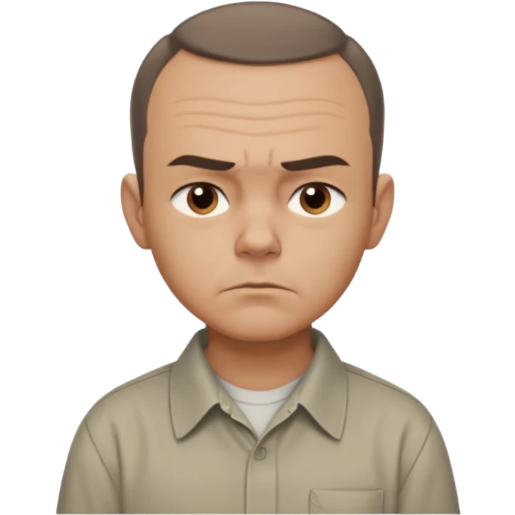 Carl from Sling Blade, serious expression, recognizable features, chin sticking out, slouching posture, no glasses, shirt with collar,  side view,show his entire body, he is standing. three-quarter face angle. He sticks his head forward. face should be more realistic emoji