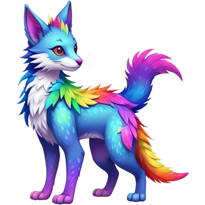 Kawaii neon colorful with feathers-ears rainbow iridescent fantasy ethereal feline-vernid-sergal-fursona animal creature with a tufted tail full body with intricate markings emoji
