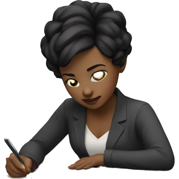 white skin woman with short black hair writing  a notebook on a desk emoji