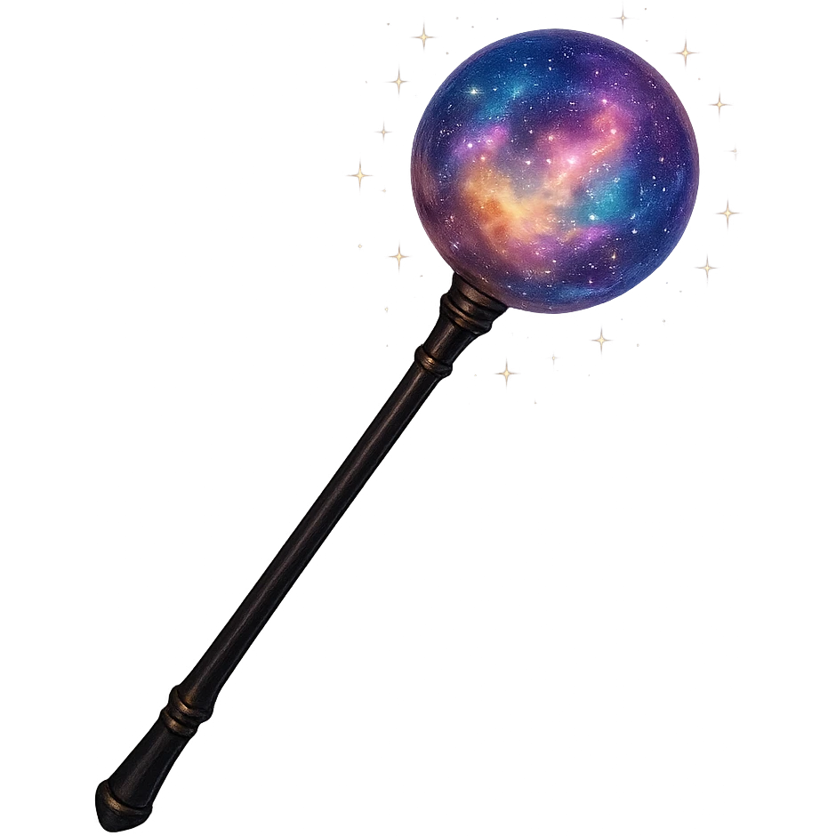 a sleek wand with a glowing nebula orb at the end, surrounded by tiny stars, mystical and celestial, fantasy art emoji