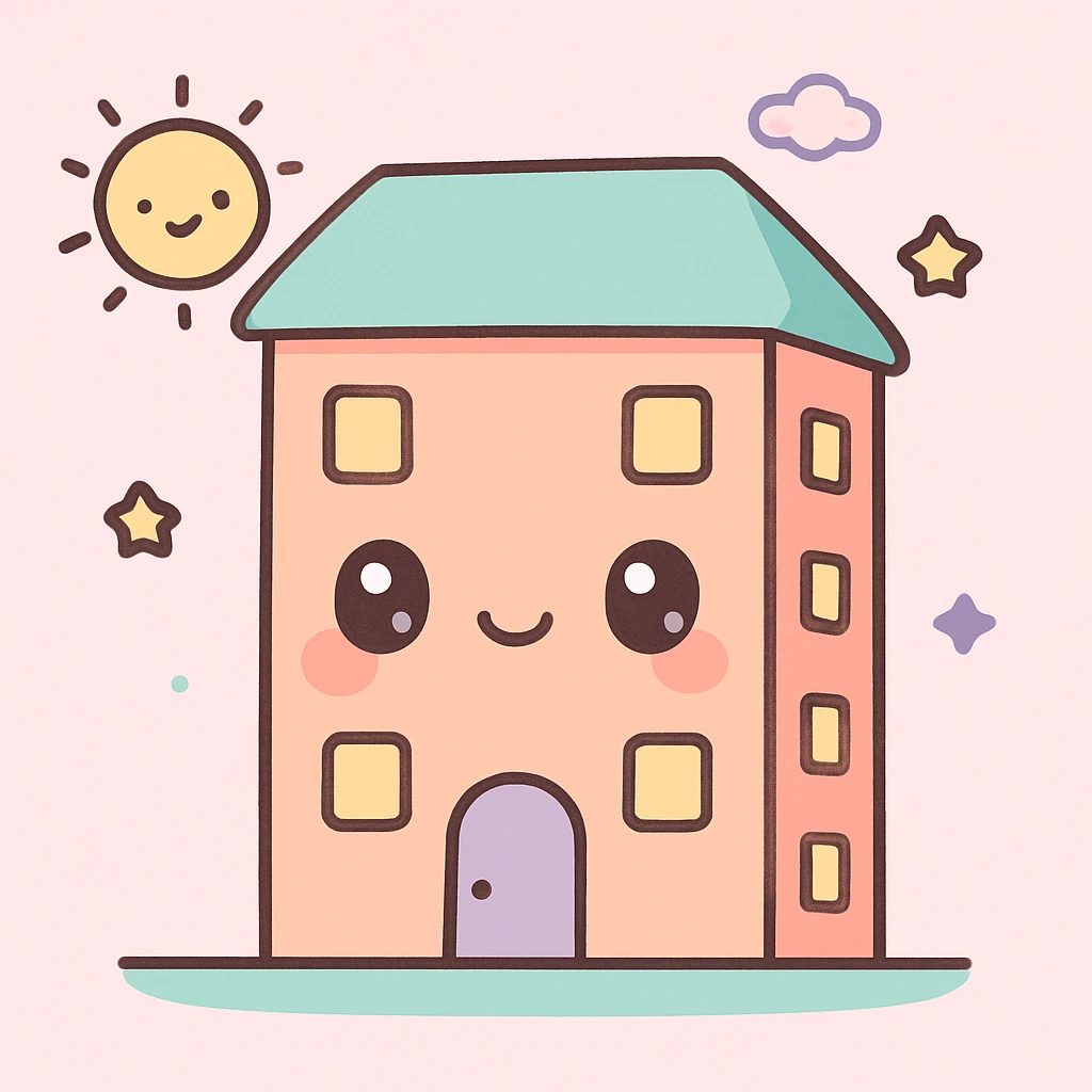 apartment building, kawaii chibi anime style, flat pastel colors, thick outlines, simple cute features, sunny day emoji