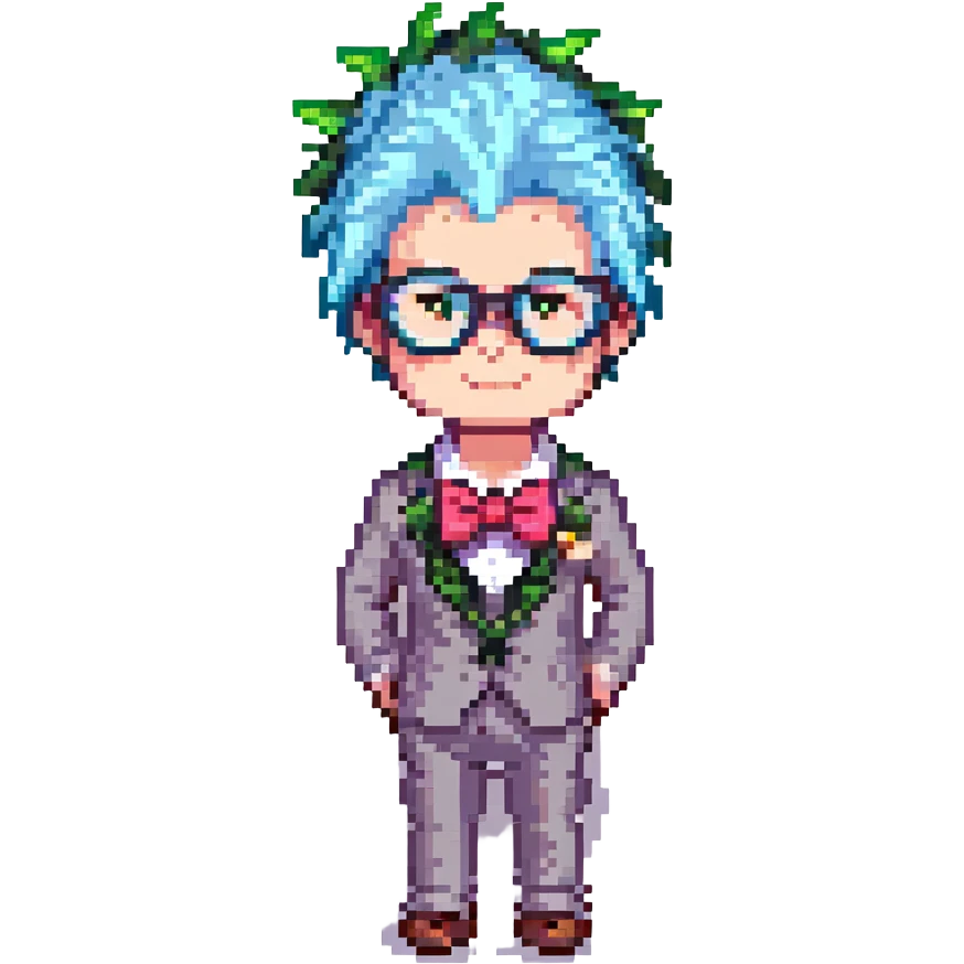 pixel art icon of a nerd with spiky hair, big glasses, and a bow tie emoji