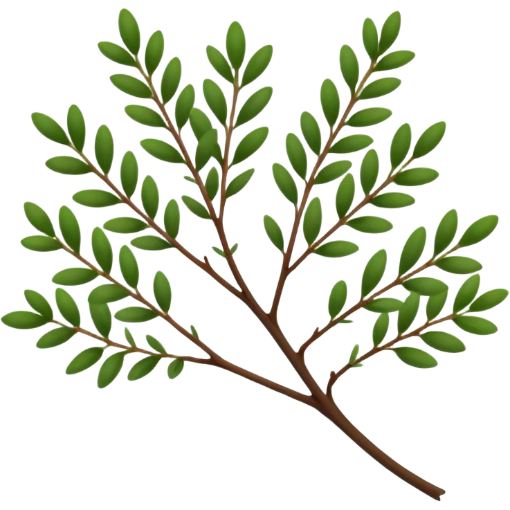 sprig of thyme, slender woody stems, tiny deep green oval leaves in dense pairs along branches, crisp and delicate texture, aromatic look, soft lighting, emoji scale emoji
