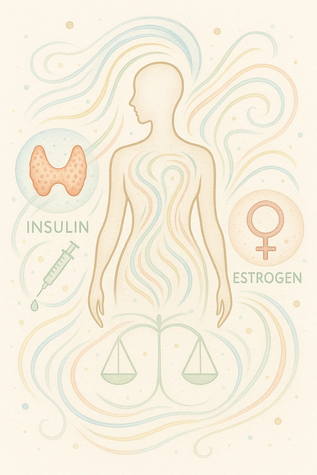 Il corpo è circondato da simboli delicati e bilanciati che rappresentano equilibrio ormonale e metabolico: piccoli cerchi, flussi energetici colorati, simboli stilizzati di tiroide, insulina, estrogeni.  emoji