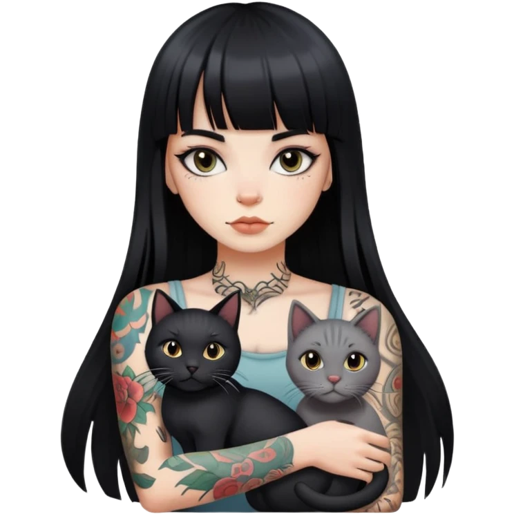 girl with long black  straight bangs hair and tattoos and a grey-shared cat emoji