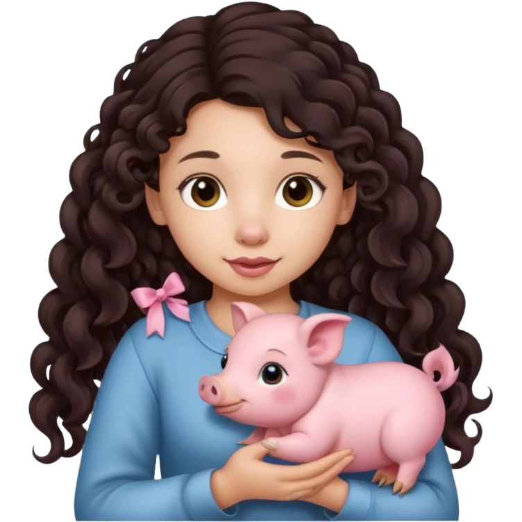 Ragazza bellissima capelli lunghi scuri con piccolo maialino emoji