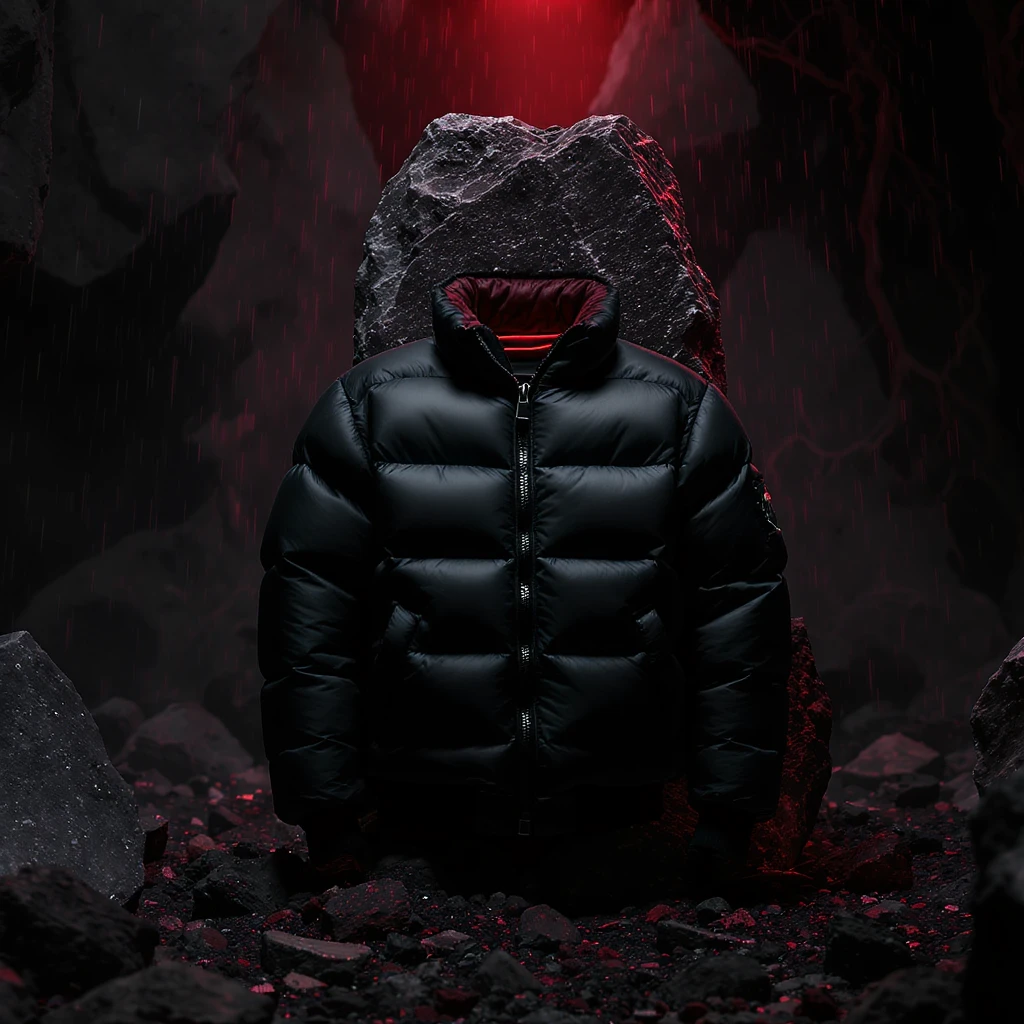 cinematic still of a front black puffer jacket around black stone with red coal temeperature environment, back red light emoji