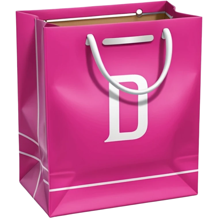 Fuchsia pink paper bag with white handles, repeating DRUNI pattern in light pink and a large vertical 'DRUNI' in bold white letters in the center, iOS emoji style, shiny and realistic. emoji