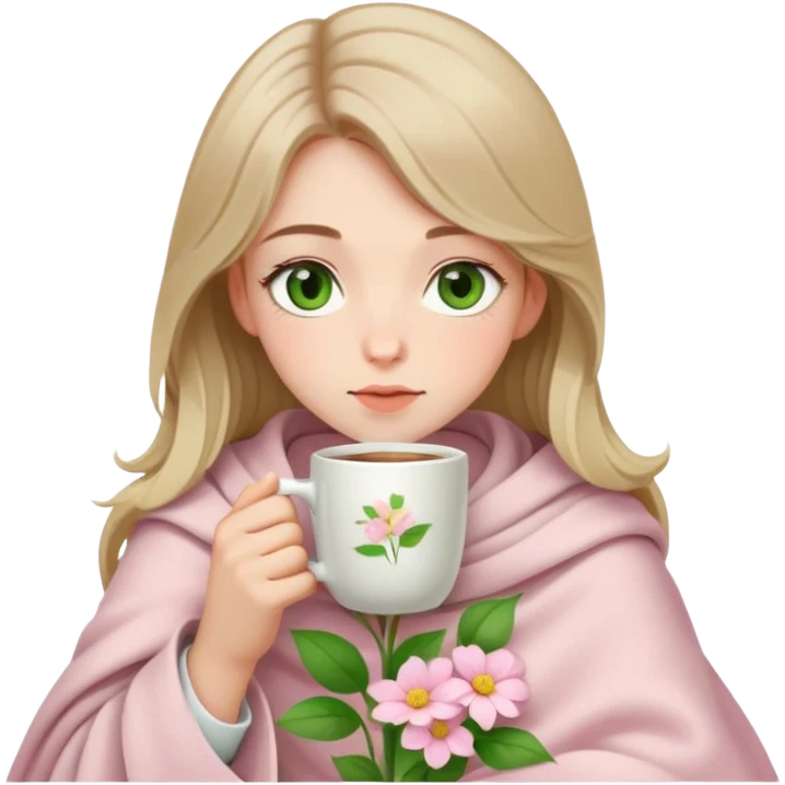 make a pale dark blonde haired girl with green eyes with a light pink blanket with flowers on her sipping coffee from a white mug. Make it aesthetic emoji