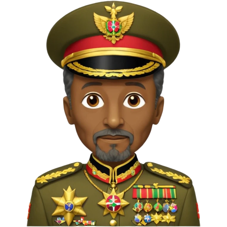Create an emoji of an Older Haile Selassie African king wearing his ceremonial military uniform adorned with numerous medals, orders, and a sash. emoji