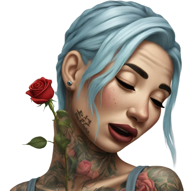 Hyper Realistic Beautiful tattooed woman crying holding a rose emoji