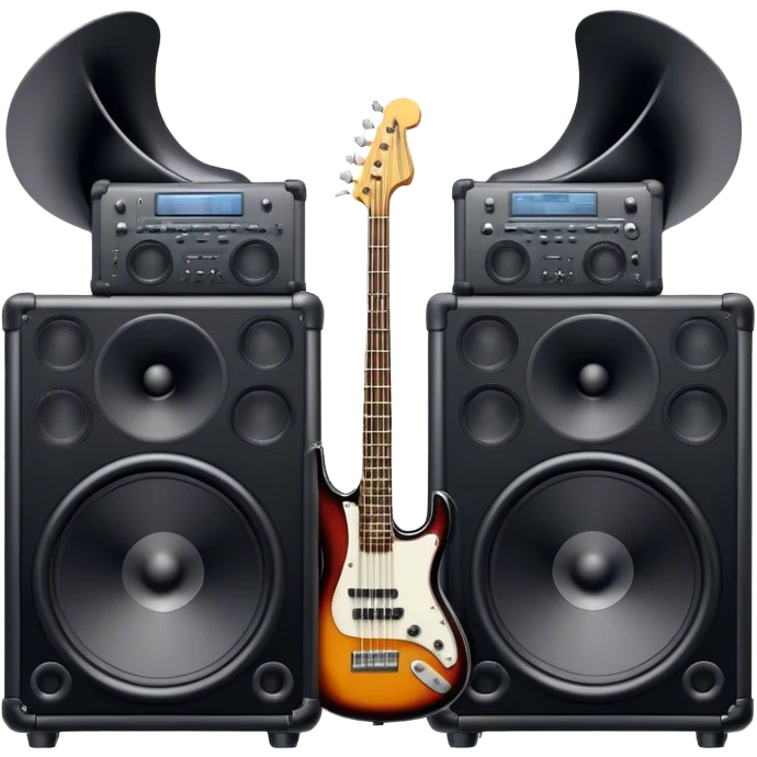 Icon for R&B Music Listening: large concert speakers with waves of musical notes coming out, along with a bass guitar, drum kit, and synthesizer. The icon should convey the energetic and rhythmic vibe of R&B music. Transparent background. emoji