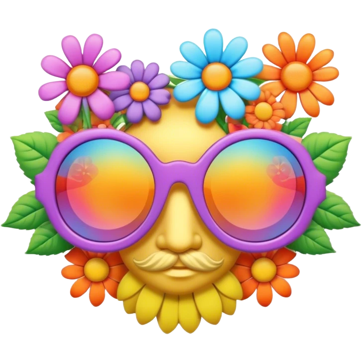 3D, psychedelic colored sunglasses with hippie style flower border emoji
