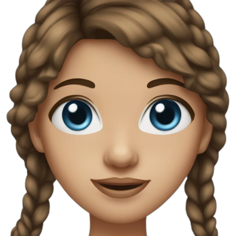 young woman with brown hair, blue almond-shaped eyes and earring emoji