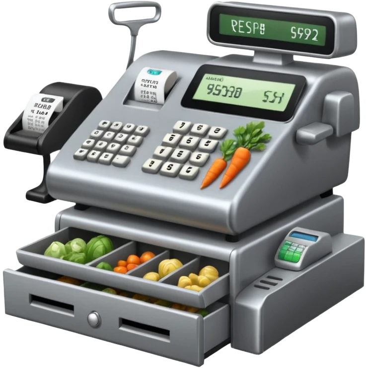 Front-facing cash register with symbol keys for vegetables emoji