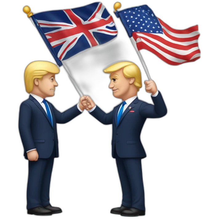 macron qui cerre la main a donalde trump avec des drapeau francais et uk derriere emoji