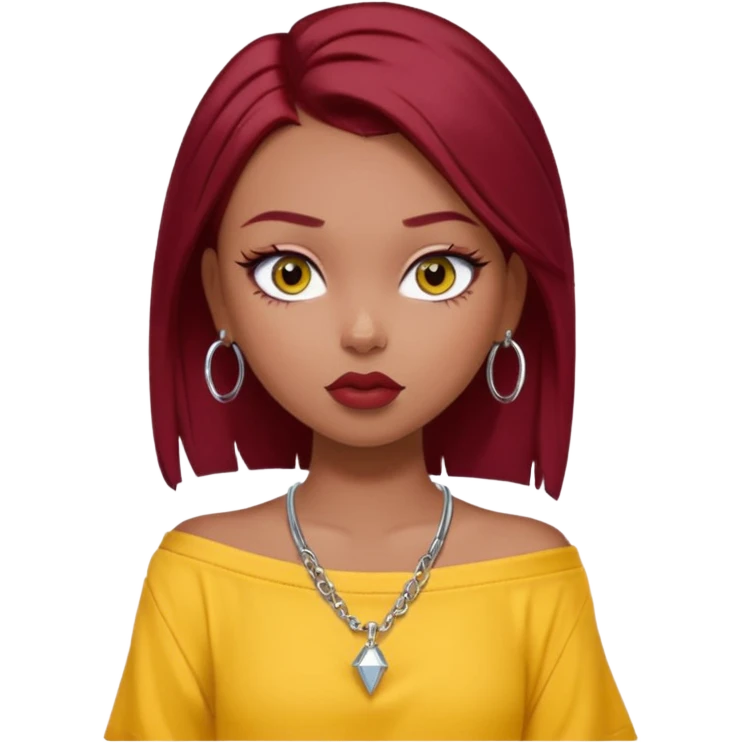generate a pretty bratz girl in , dark brown eyes. Dark red hair straight long. wearing a yellow oversized tee falling off her shoulder, dainty silver necklace, silver hoops, septum piercings. big eyeliner emoji