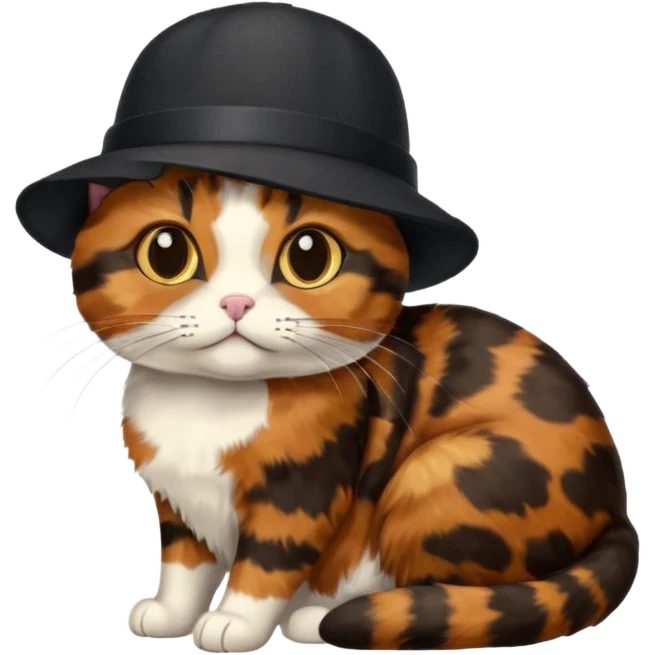 tortoiseshell cat with a british hat. mostly black and brown emoji